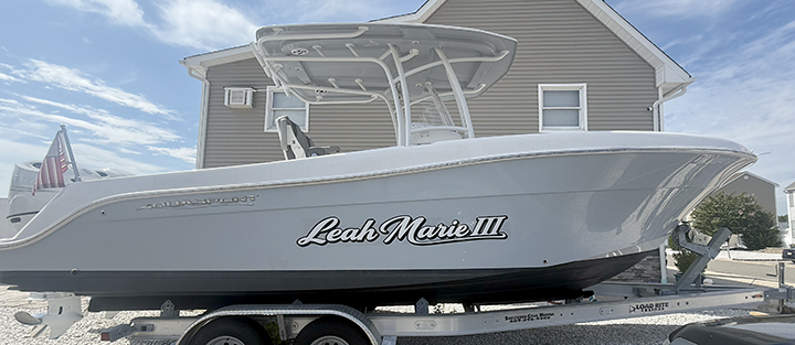 Custom Leah Marie boat name graphics installed in Beach Haven West, New Jersey using high-performance marine-grade vinyl for long-term durability